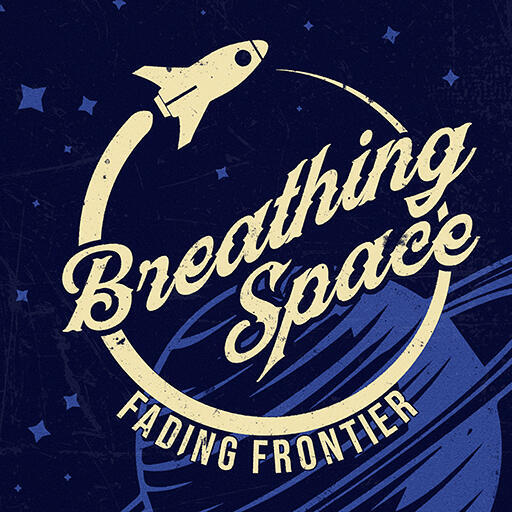 Breathing Space show logo, A yellow rocket with a circular vapor trail surrounding the words Breathing Space with Fading Frontier written along the bottom edge of the circle