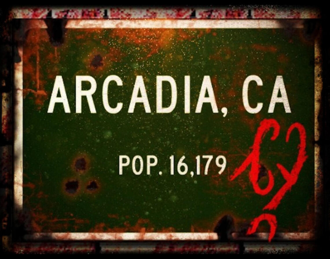 The Arcadia, CA logo, a rusted and weathered highway sign reading Arcadia, CA Pop. 16,179 with a red glyph drawn on it